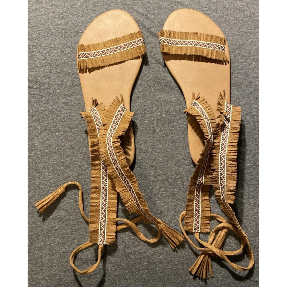 Boho Fringe Lace-Up Gladiator Moccasin Style Sandal Women's Size 10 Flat